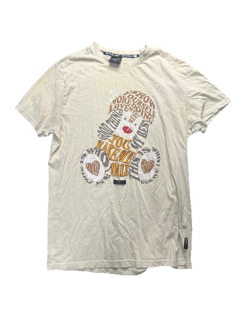 Switch Remarkable Teddy Bear Graphic T Shirt Mens Medium Beige Embroidered Tee